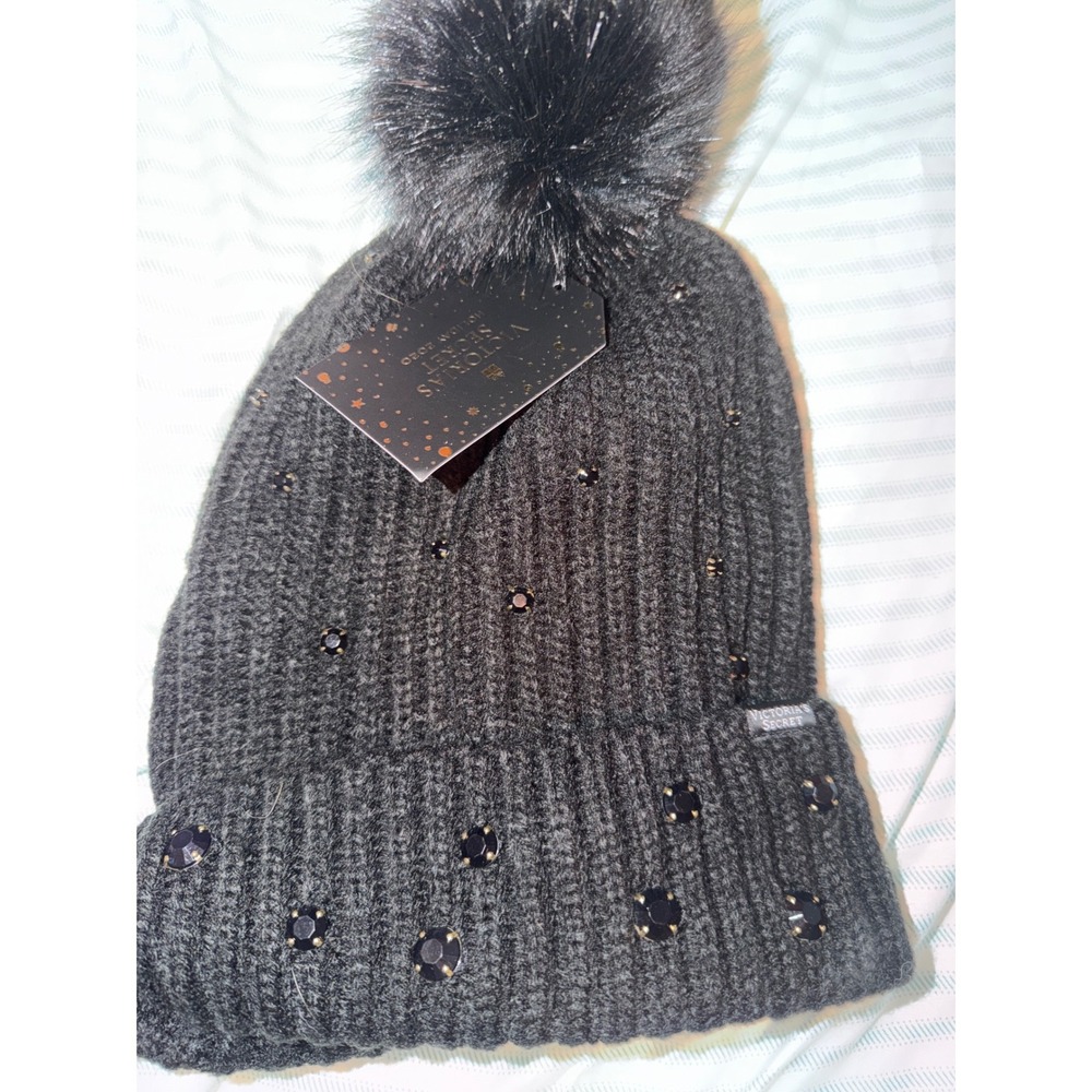 Victorias Secret Grey Ribbed Knit Beanie Black Rhinestone Pom Pom Holiday